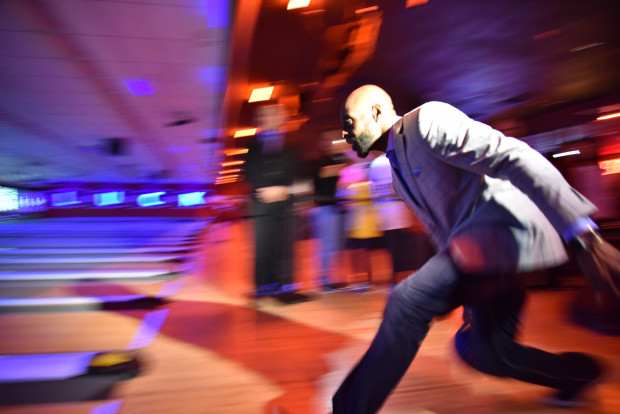 Jerry Rice, a former wide receiver for the San Francisco 49ers, bowls on the opening day of Bowlero on Saturday morning. Rice was the host for the event that saw the updated bowling alley at the former AMF Mission Lanes on South Park Victoria Drive.