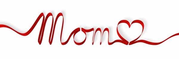 Red ribbon forming the word 'mom', isolated on white