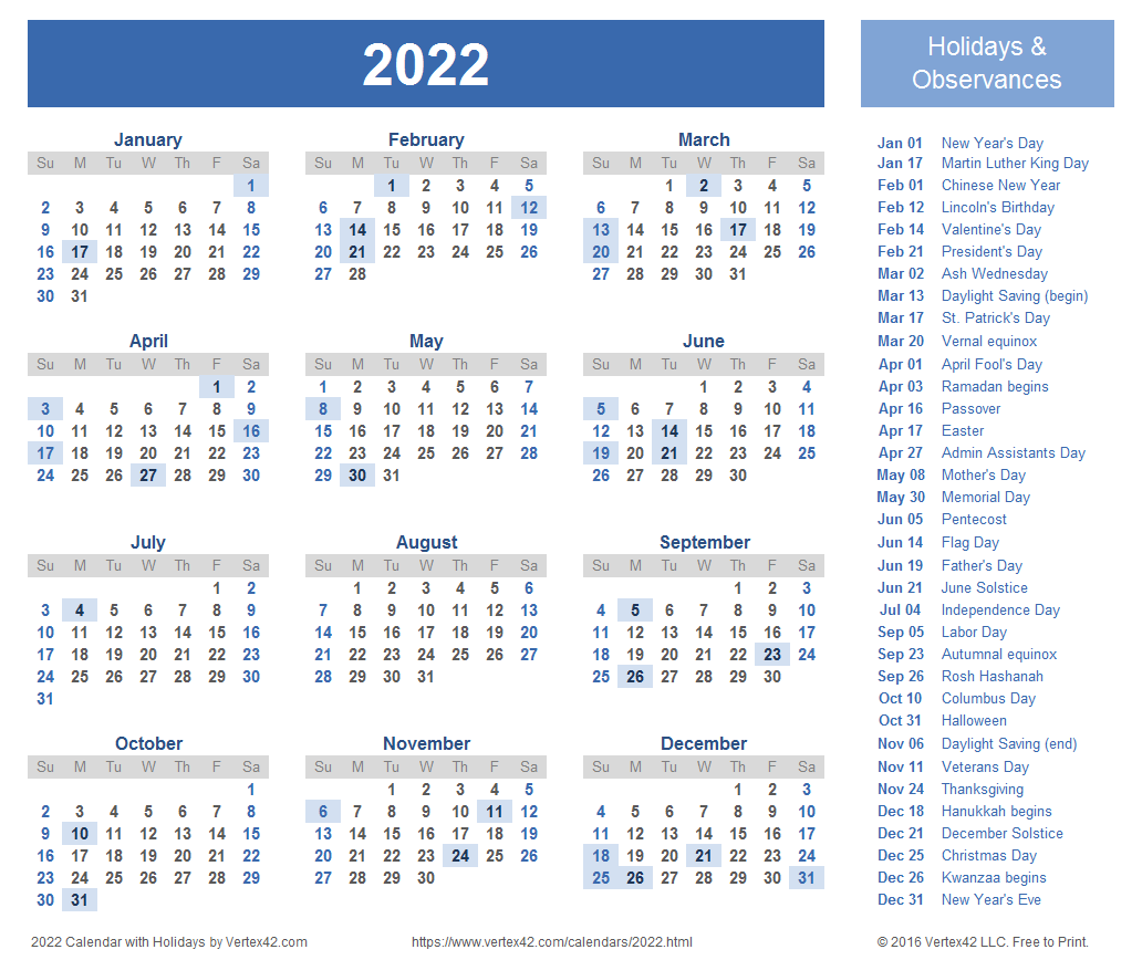 2022 Calendar with Holidays