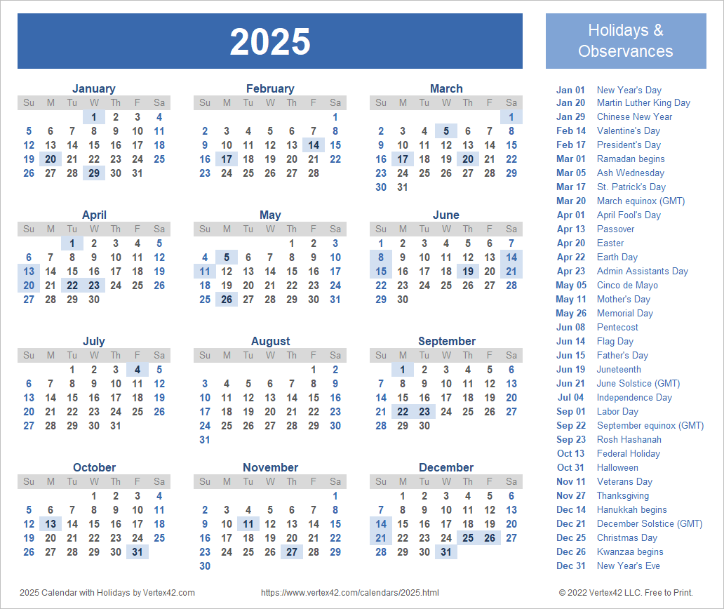 2025 Calendar with Holidays